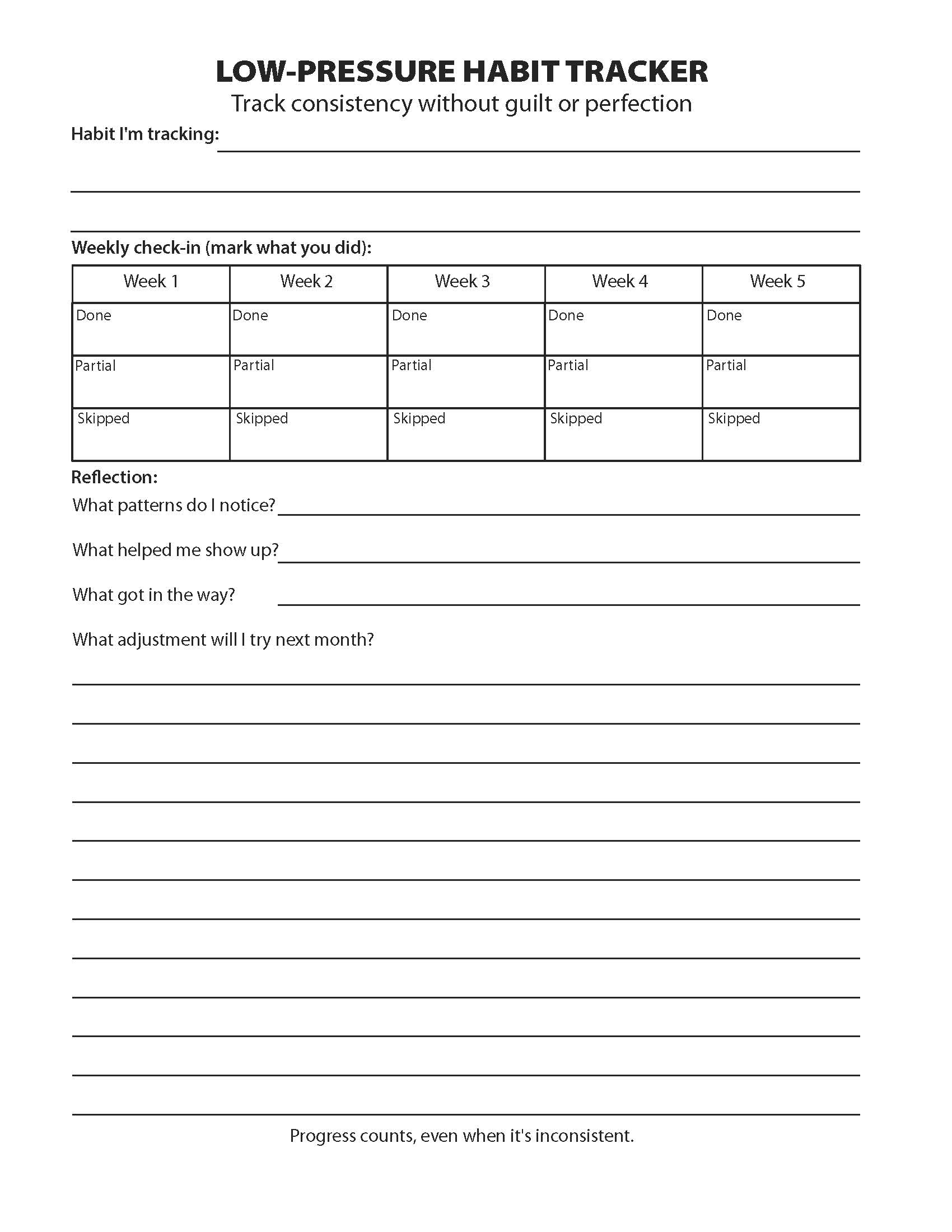 Preview of the Low-Pressure Habit Tracker workbook page